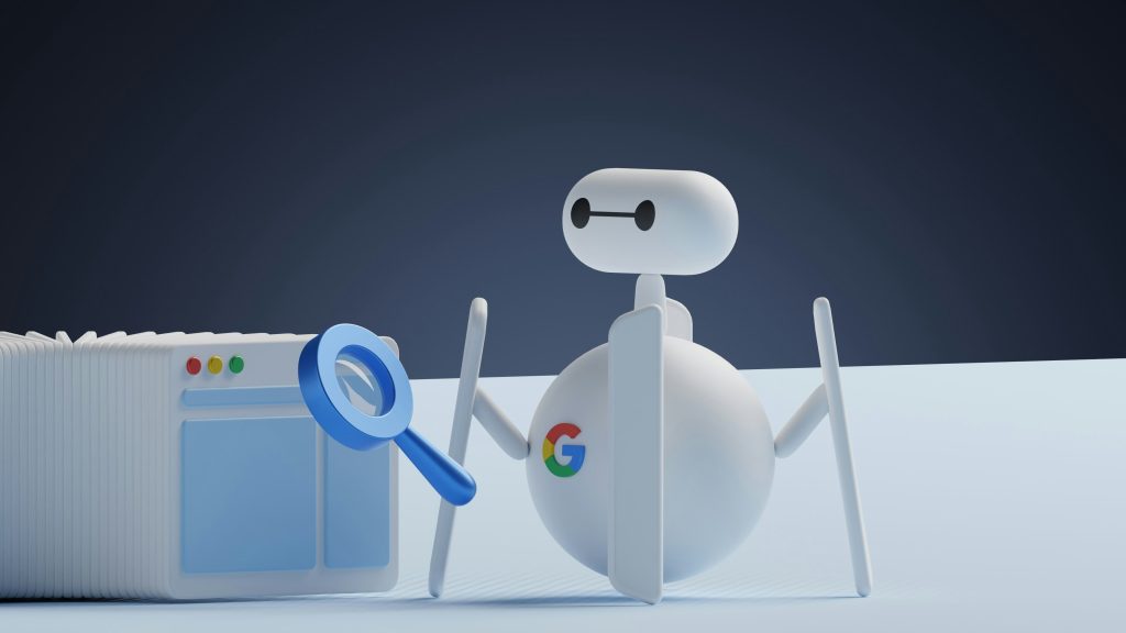robotic figurine showing as google mark on its body representing the technology of seo